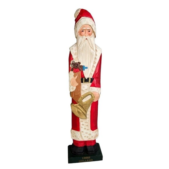 Carved Wood Santa Claus Tall Folkart Xmas Holland Handpainted Mercuries 1994 Vtg